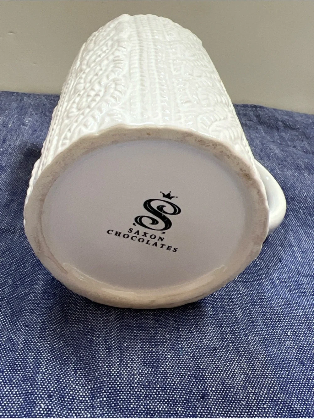 White Sweater Mug Saxon Chocolate Cozy Cup Knit Pattern Ceramic Coffee Tea Warm